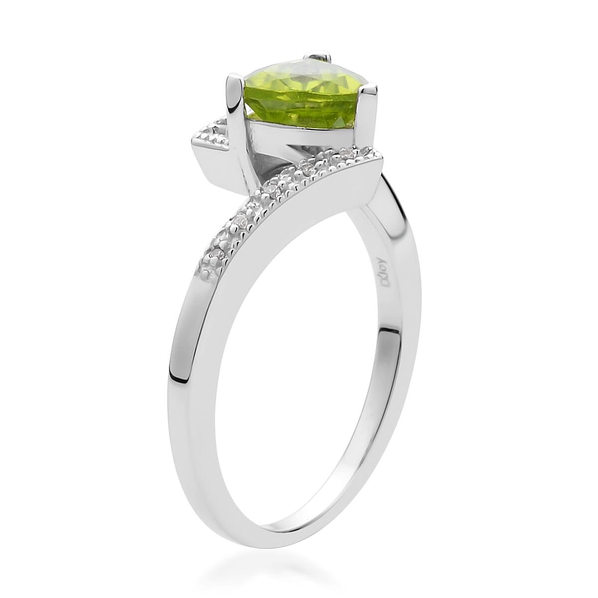 Premium Peridot and White Zircon Fancy Ring in Rhodium Over Sterling Silver (Size 10.0) 1.40 ctw