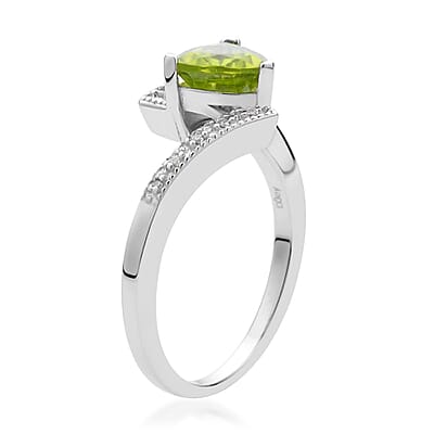 Premium Peridot and White Zircon Fancy Ring in Rhodium Over Sterling Silver (Size 10.0) 1.40 ctw