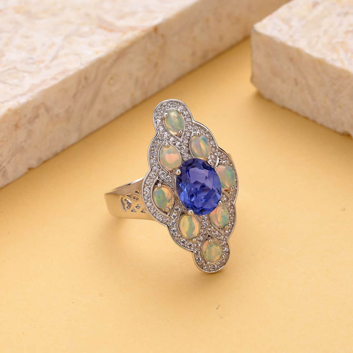 Color Change Fluorite and Multi Gemstone Elongated Ring in Rhodium Over Sterling Silver (Size 7.0) 3.50 ctw image number 1
