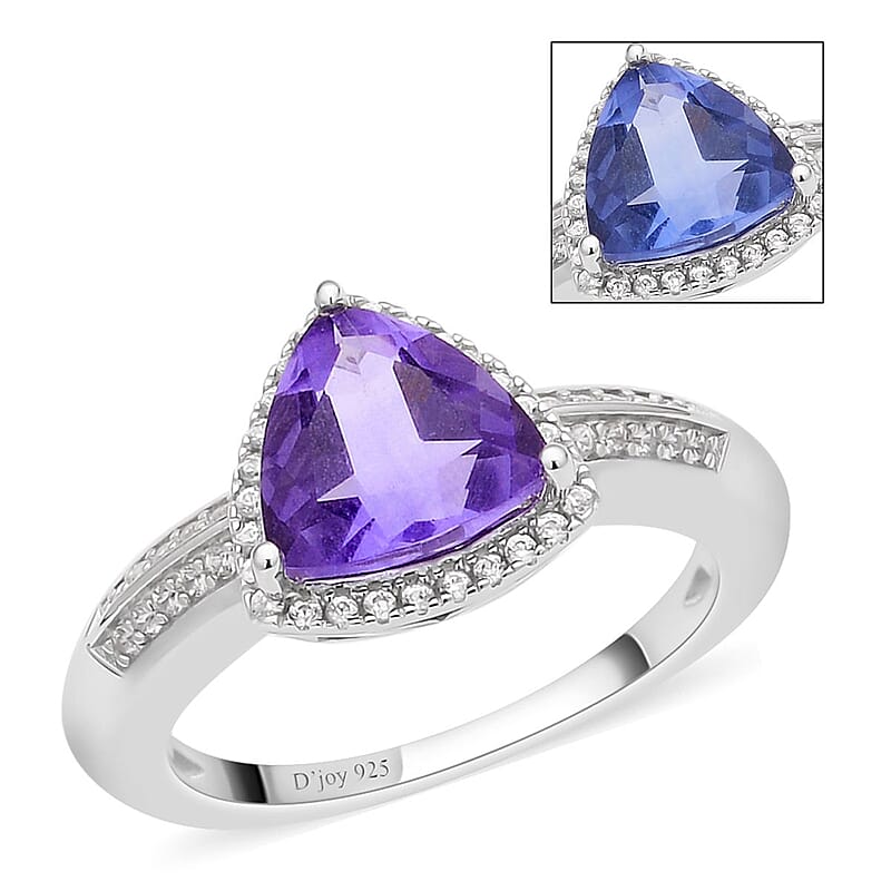 Color Change Fluorite and Natural White Zircon Halo Ring in Rhodium Over Sterling Silver (Size 10.0) 3.25 ctw