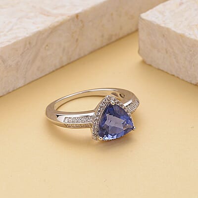 Color Change Fluorite and Natural White Zircon Halo Ring in Rhodium Over Sterling Silver (Size 10.0) 3.25 ctw