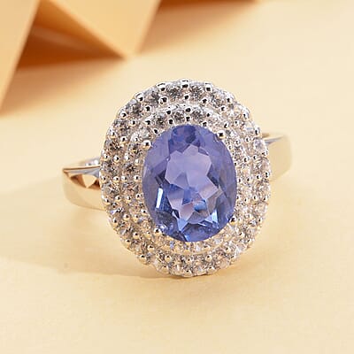 Color Change Fluorite and Natural White Zircon Double Halo Ring in Rhodium Over Sterling Silver (Size 10.0) 4.40 ctw