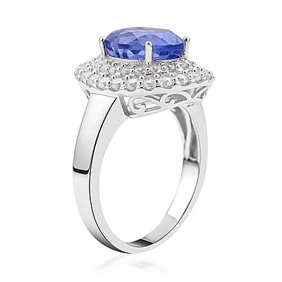 Color Change Fluorite and Natural White Zircon Double Halo Ring in Rhodium Over Sterling Silver (Size 10.0) 4.40 ctw