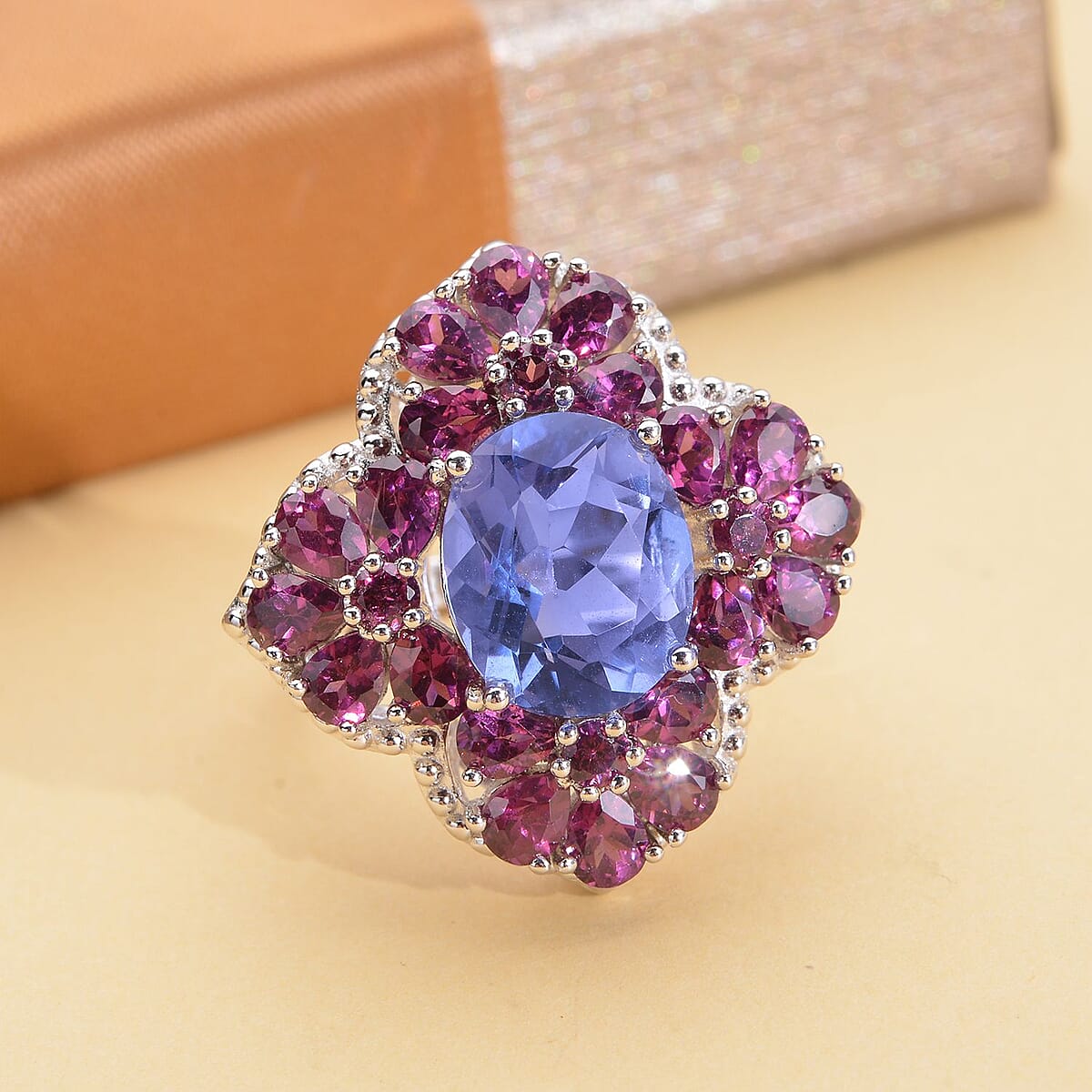 Color Change Fluorite, Orissa Rhodolite Garnet Floral Ring in Rhodium Over Sterling Silver (Size 10.0) 8.25 ctw image number 1