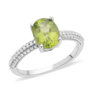 Peridot and White Zircon Ring in Rhodium Over Sterling Silver (Size 10.0) 2.35 ctw