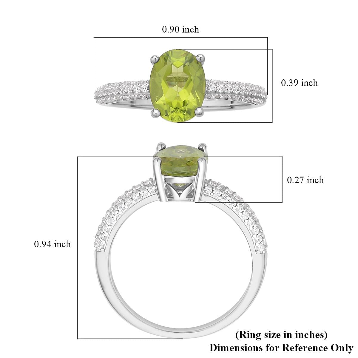 Peridot and White Zircon Ring in Rhodium Over Sterling Silver (Size 10.0) 2.35 ctw