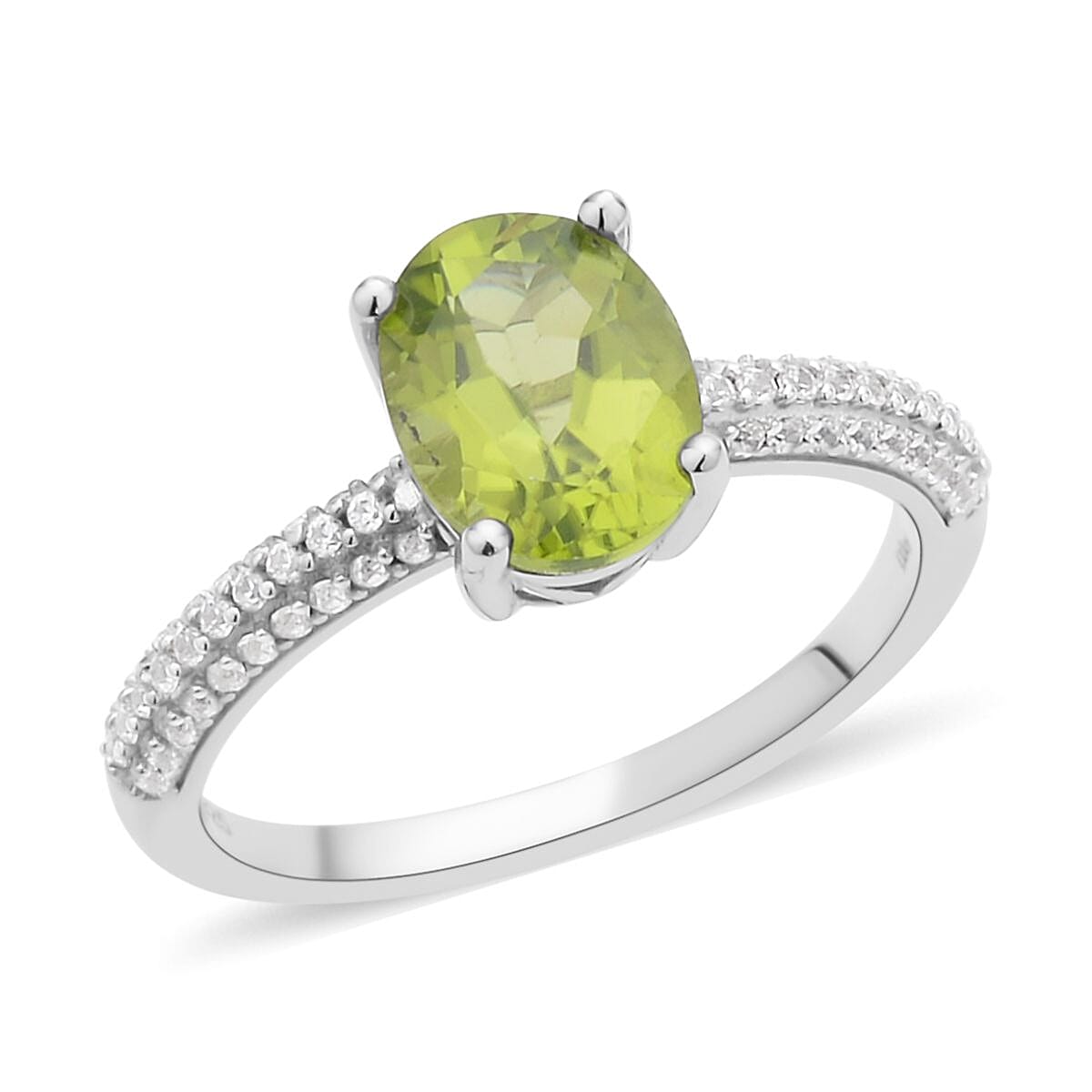 Peridot and White Zircon Ring in Rhodium Over Sterling Silver (Size 6.0) 2.35 ctw image number 0