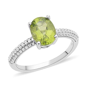Peridot and White Zircon Ring in Rhodium Over Sterling Silver (Size 6.0) 2.35 ctw