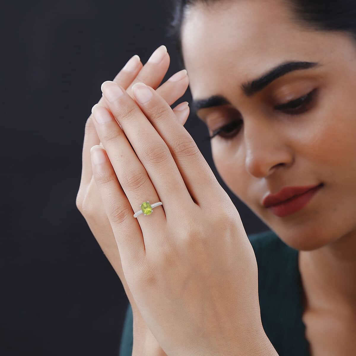 Peridot and White Zircon Ring in Rhodium Over Sterling Silver (Size 9.0) 2.35 ctw image number 2