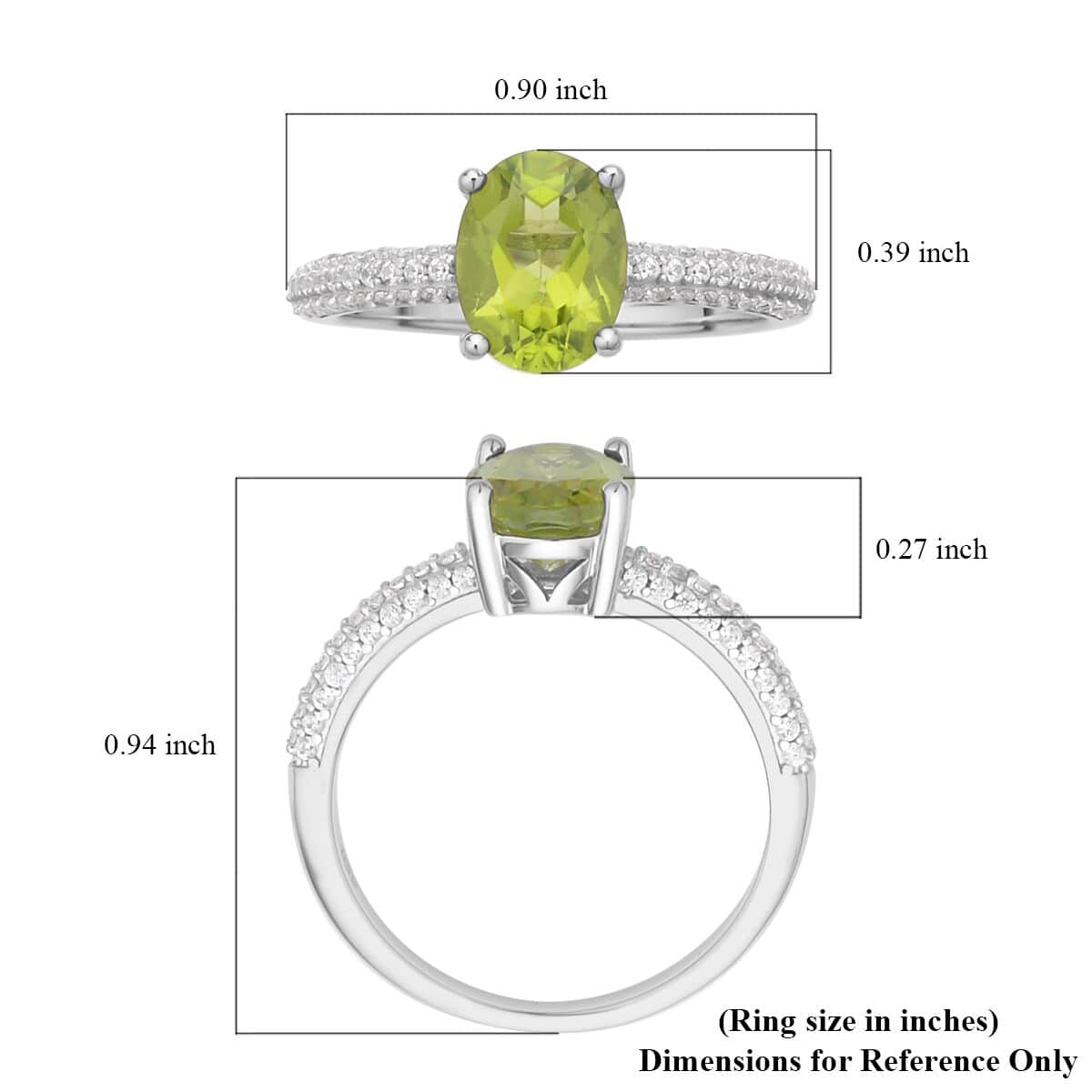 Peridot and White Zircon Ring in Rhodium Over Sterling Silver (Size 9.0) 2.35 ctw image number 5