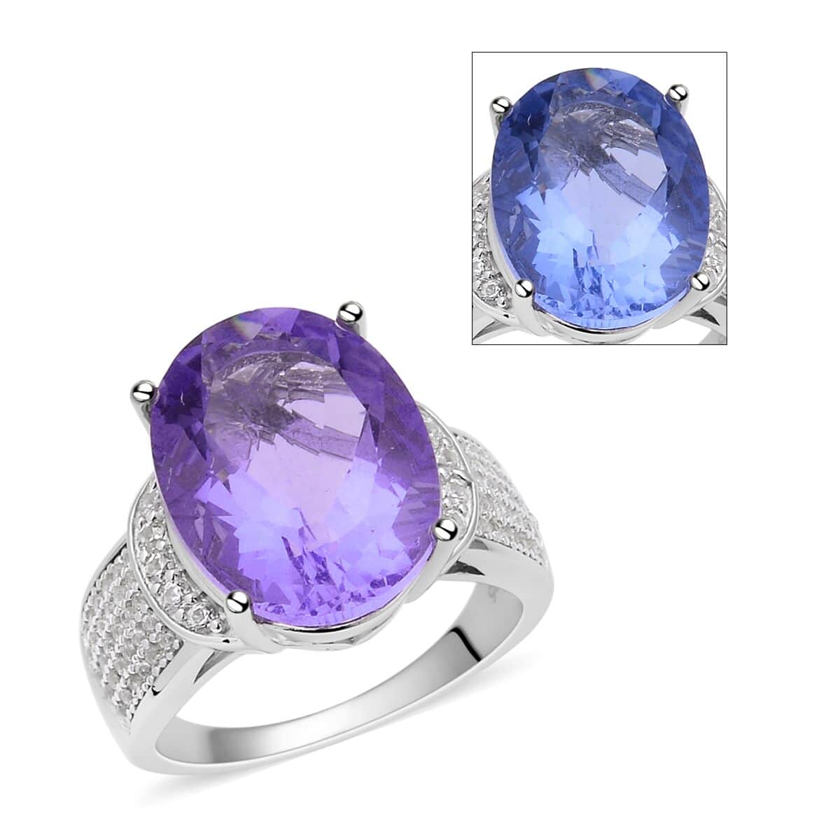Color Change Fluorite, Natural White Zircon Fancy Ring in Rhodium Over Sterling Silver (Size 10.0) 11.40 ctw image number 0