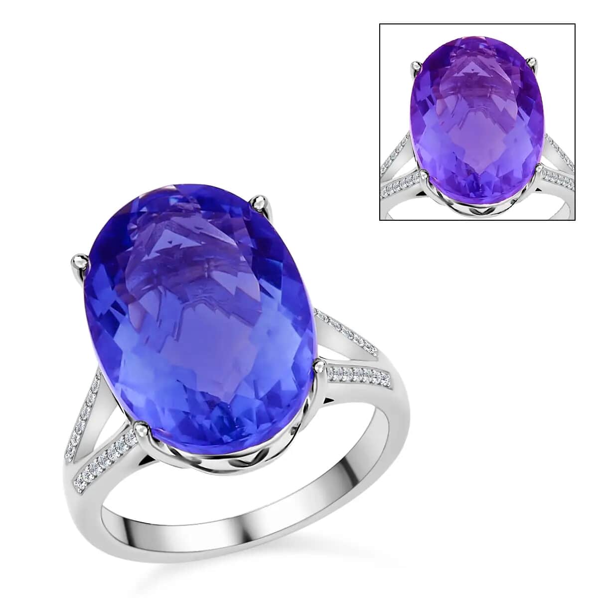 Color Change Fluorite, Natural White Zircon Ring in Rhodium Over Sterling Silver (Size 10.0) 14.50 ctw image number 0