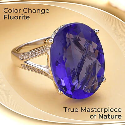 Color Change Fluorite and White Zircon Split Shank Ring in Rhodium Over Sterling Silver (Size 10.0) 14.90 ctw