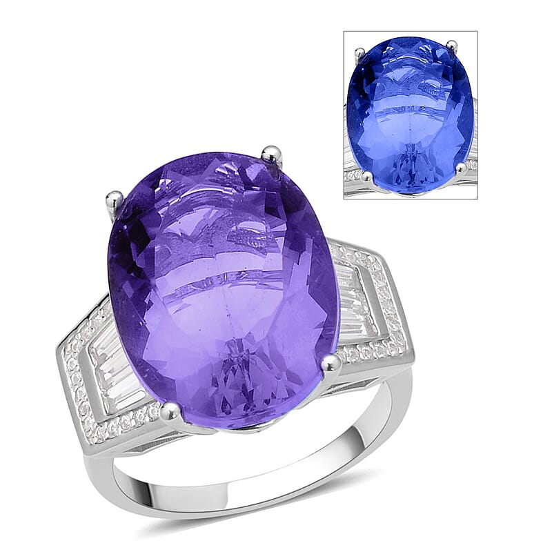 Color Change Fluorite and Natural White Zircon Ring in Rhodium Over Sterling Silver (Size 10.0) 21.60 ctw