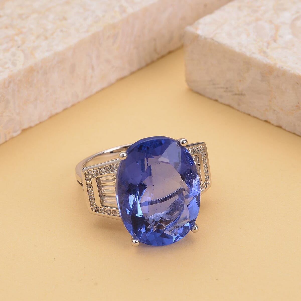 Color Change Fluorite, Natural White Zircon Ring in Rhodium Over Sterling Silver (Size 10.0) 21.60 ctw image number 1