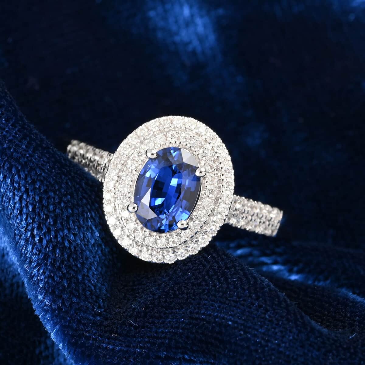 Appraised ILIANA 18K White Gold AAA Royal Ceylon Sapphire and G-H SI Diamond Double Halo Ring 3.75 Grams 2.80 ctw image number 1