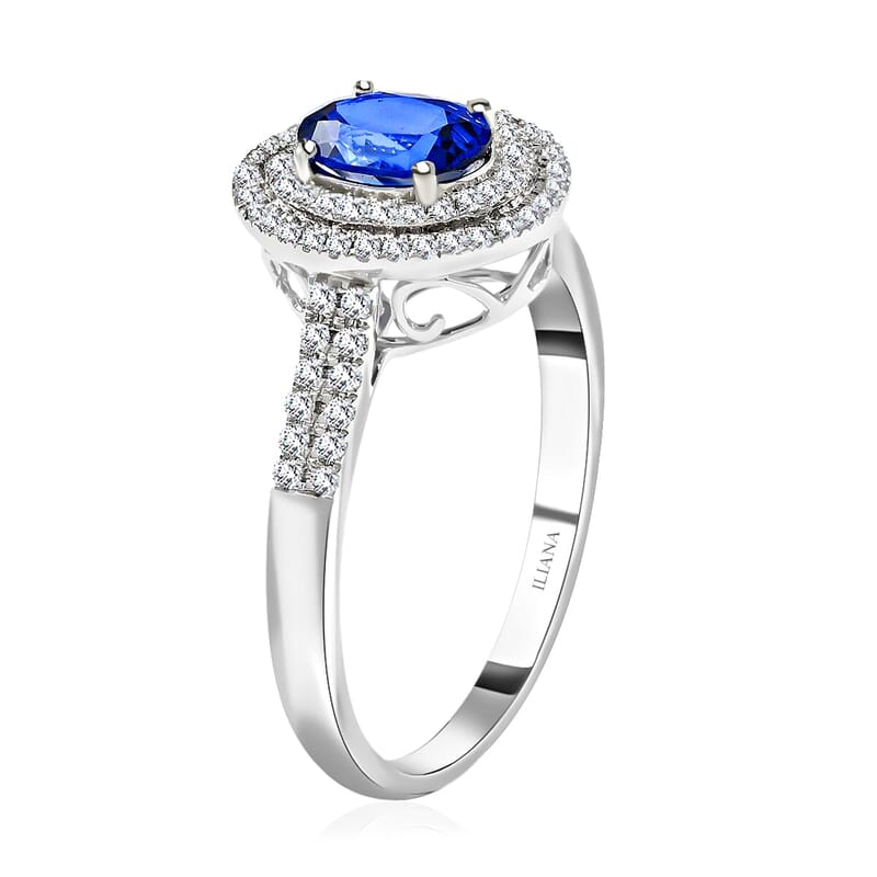 Certified and Appraised Iliana AAA Royal Ceylon Sapphire and Diamond G-H SI 1.40 ctw Double Halo Ring in 18K White Gold (Size 9.0)