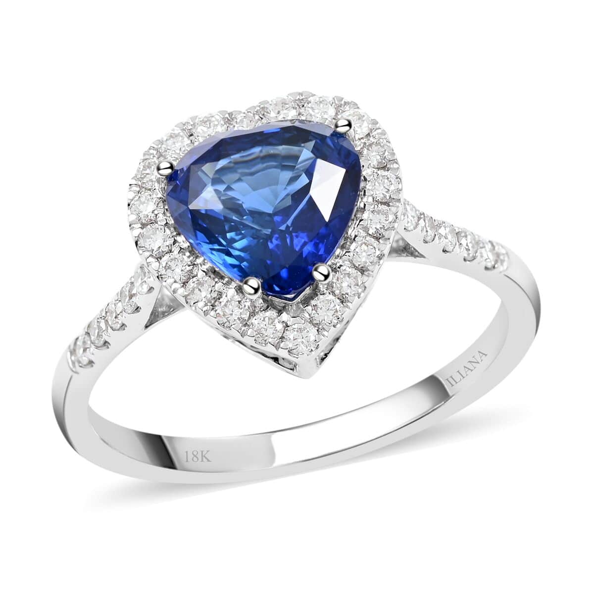 Certified & Appraised Iliana 18K White Gold AAA Royal Ceylon Sapphire and G-H SI Diamond Heart Halo Ring (Size 7.0) 3.20 Grams 2.55 ctw image number 0