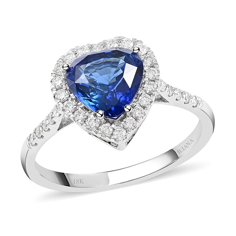 Certified & Appraised Iliana 18K White Gold AAA Royal Ceylon Sapphire and G-H SI Diamond Heart Halo Ring (Size 7.0) 3.20 Grams 2.55 ctw