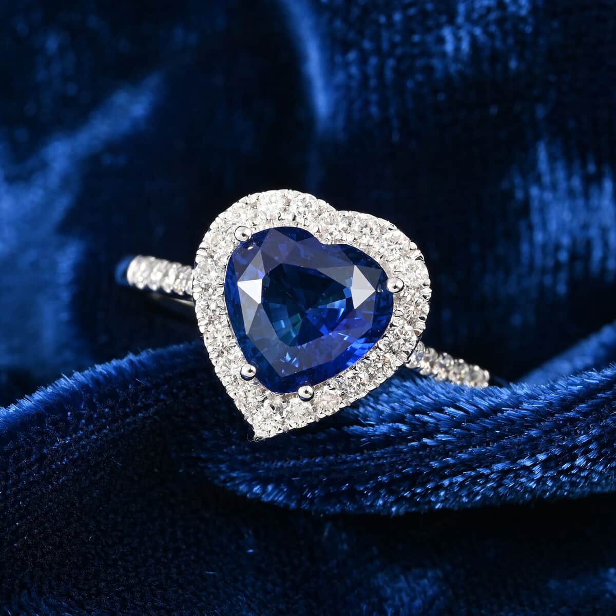 Certified & Appraised Iliana 18K White Gold AAA Royal Ceylon Sapphire and G-H SI Diamond Heart Halo Ring (Size 7.0) 3.20 Grams 2.55 ctw image number 1