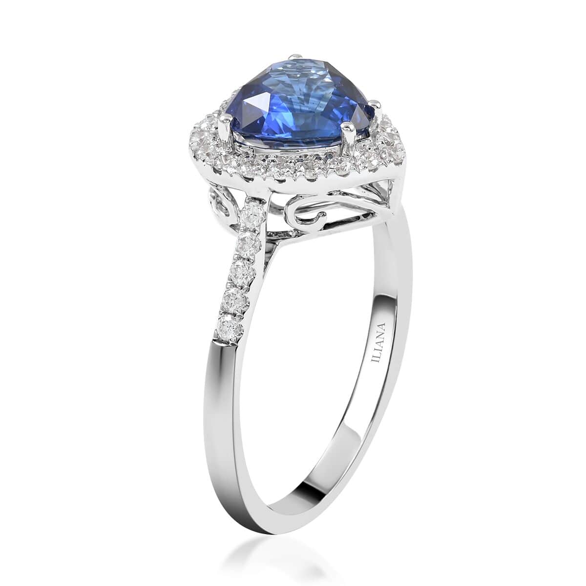 Certified & Appraised Iliana 18K White Gold AAA Royal Ceylon Sapphire and G-H SI Diamond Heart Halo Ring (Size 7.0) 3.20 Grams 2.55 ctw image number 3