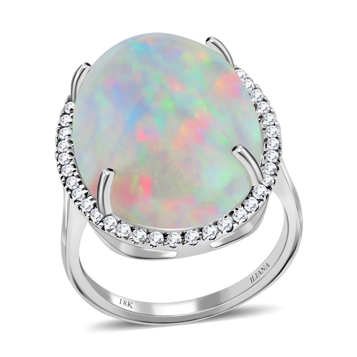 Certified & Appraised Iliana 18K White Gold AAA Ethiopian Welo Opal and G-H SI Diamond Halo Ring (Size 7.0) 4.60 Grams 13.40 ctw image number 0