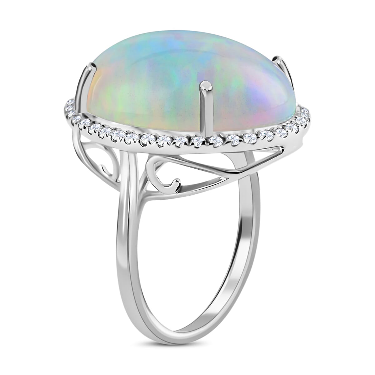 Certified & Appraised Iliana 18K White Gold AAA Ethiopian Welo Opal and G-H SI Diamond Halo Ring (Size 7.0) 4.60 Grams 13.40 ctw image number 3
