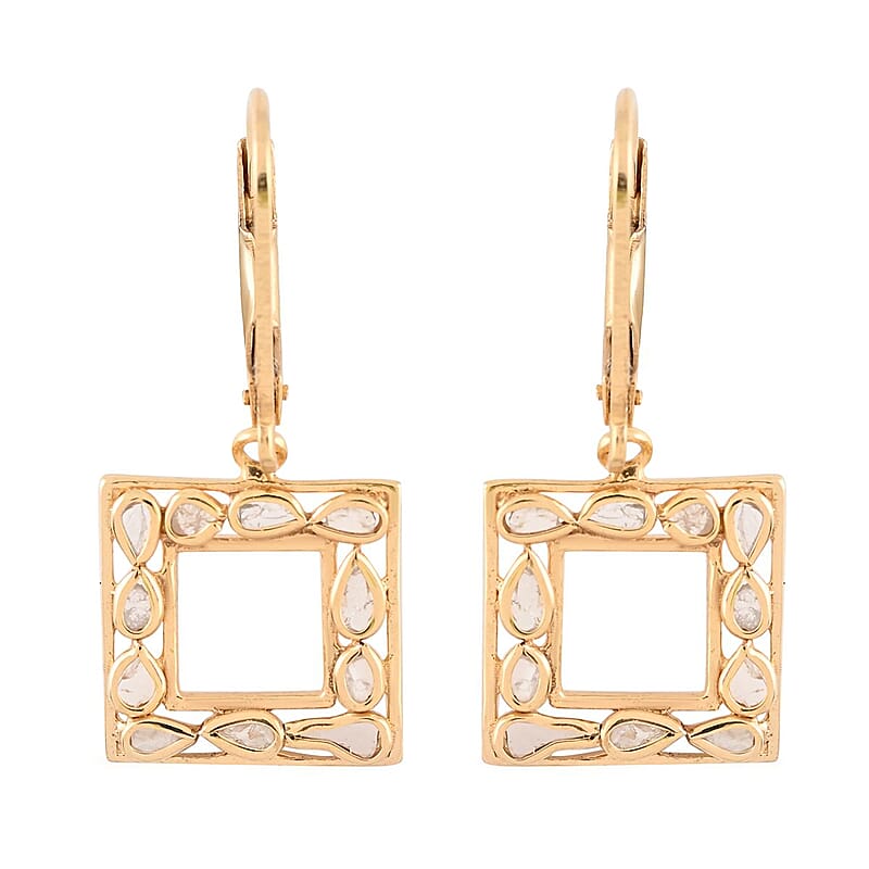 Polki Diamond Square Shape Lever Back Earrings in Vermeil Yellow Gold Over Sterling Silver 0.25 ctw