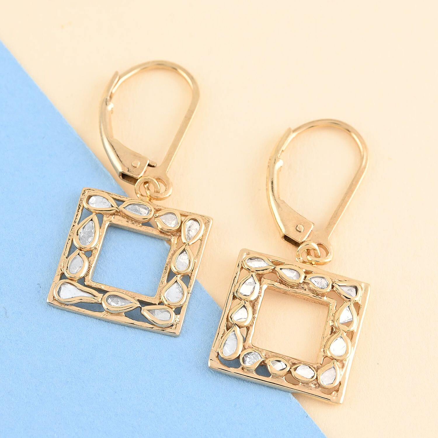 Polki Diamond Square Shape Lever Back Earrings in Vermeil Yellow Gold Over Sterling Silver 0.25 ctw