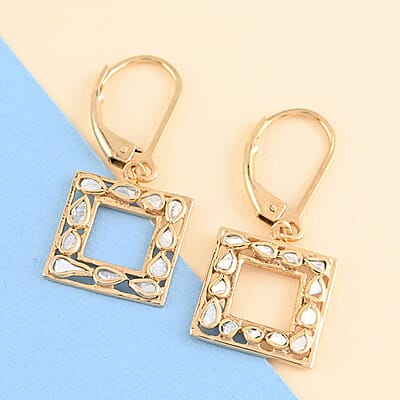 Polki Diamond Square Shape Lever Back Earrings in Vermeil Yellow Gold Over Sterling Silver 0.25 ctw