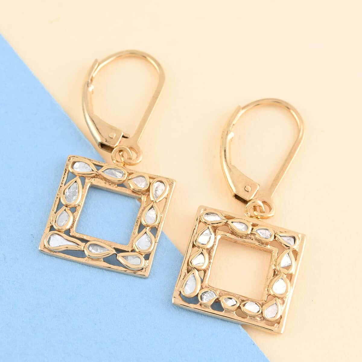 Polki Diamond Square Shape Lever Back Earrings in Vermeil Yellow Gold Over Sterling Silver 0.25 ctw image number 1