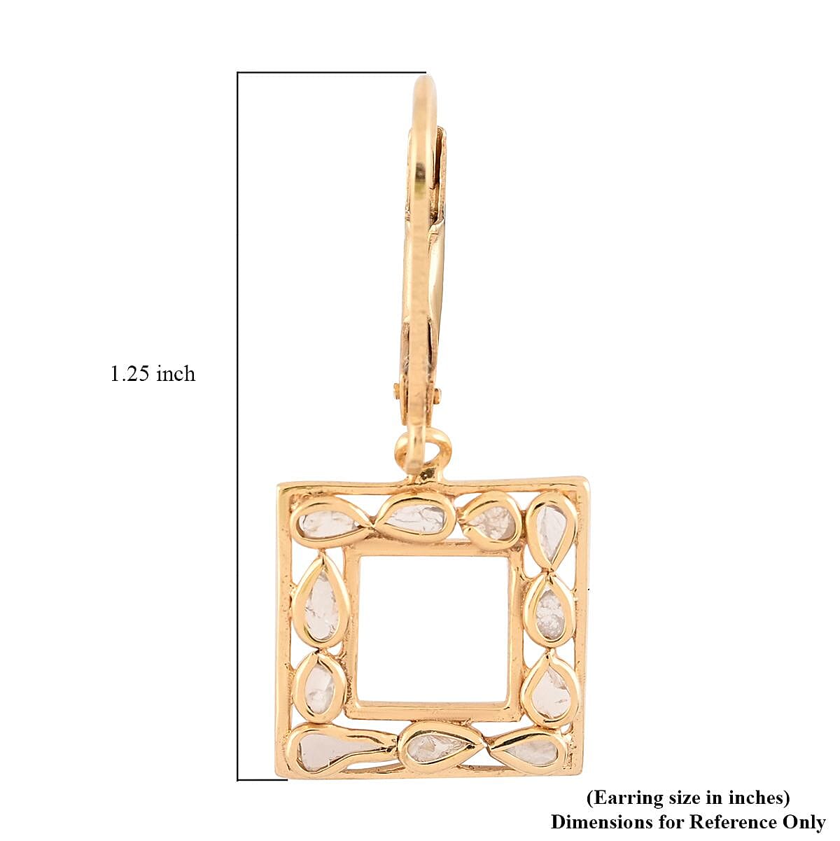 Polki Diamond Square Shape Lever Back Earrings in Vermeil Yellow Gold Over Sterling Silver 0.25 ctw