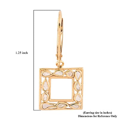 Polki Diamond Square Shape Lever Back Earrings in Vermeil Yellow Gold Over Sterling Silver 0.25 ctw