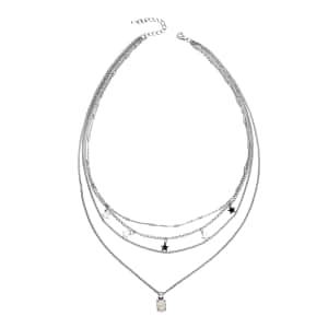 Lab Created White Opal Layered Link Chain Necklace 18.5-20.5 Inches with Star Charms in Silvertone