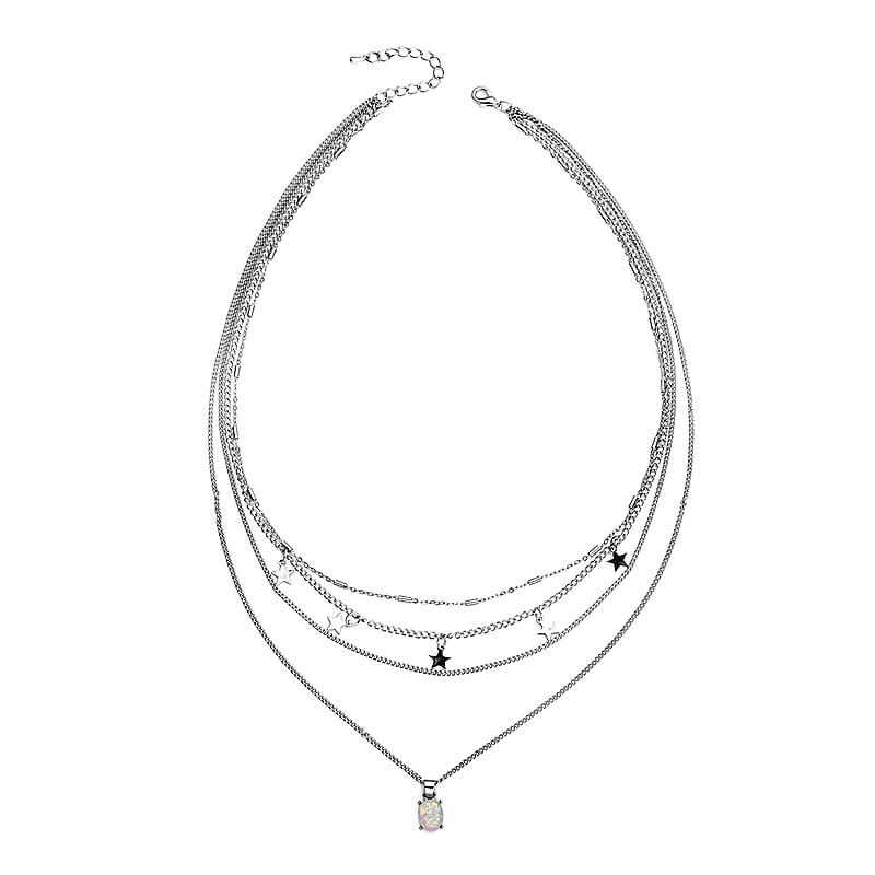 Lab Created White Opal Layered Link Chain Necklace 18.5-20.5 Inches with Star Charms in Silvertone