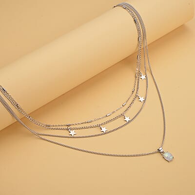Lab Created White Opal Layered Link Chain Necklace 18.5-20.5 Inches with Star Charms in Silvertone