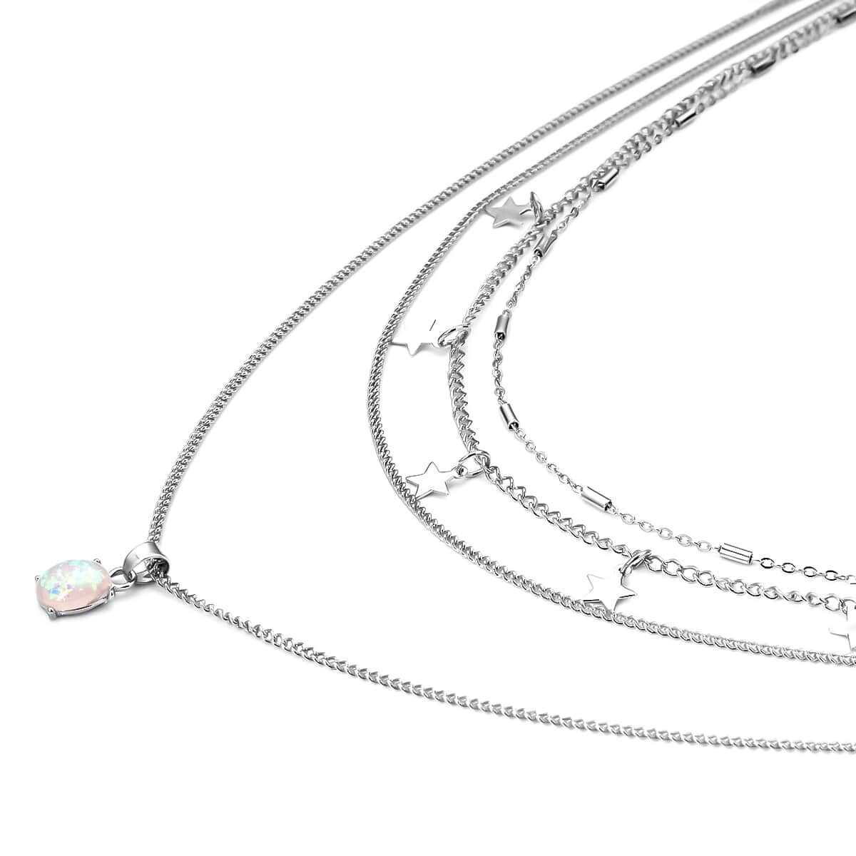 Lab Created Pink Opal Layered Link Chain Necklace 18.5-20.5 Inches with Star Charms in Rosetone image number 2