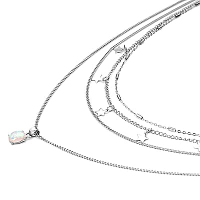 Lab Created White Opal Layered Link Chain Necklace 18.5-20.5 Inches with Star Charms in Silvertone