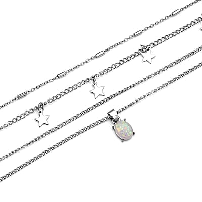 Lab Created White Opal Layered Link Chain Necklace 18.5-20.5 Inches with Star Charms in Silvertone