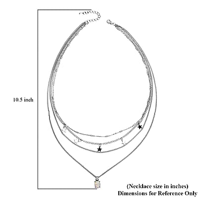Lab Created White Opal Layered Link Chain Necklace 18.5-20.5 Inches with Star Charms in Silvertone