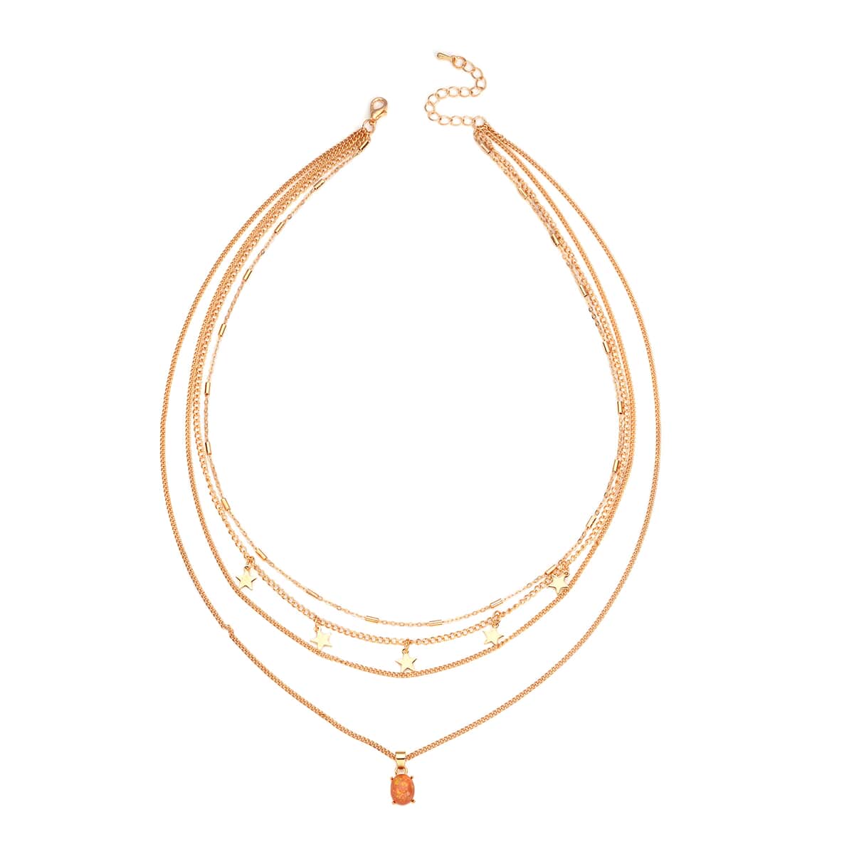 Lab Created Orange Opal Layered Link Chain Necklace 18.5-20.5 Inches with Star Charms in Goldtone image number 0