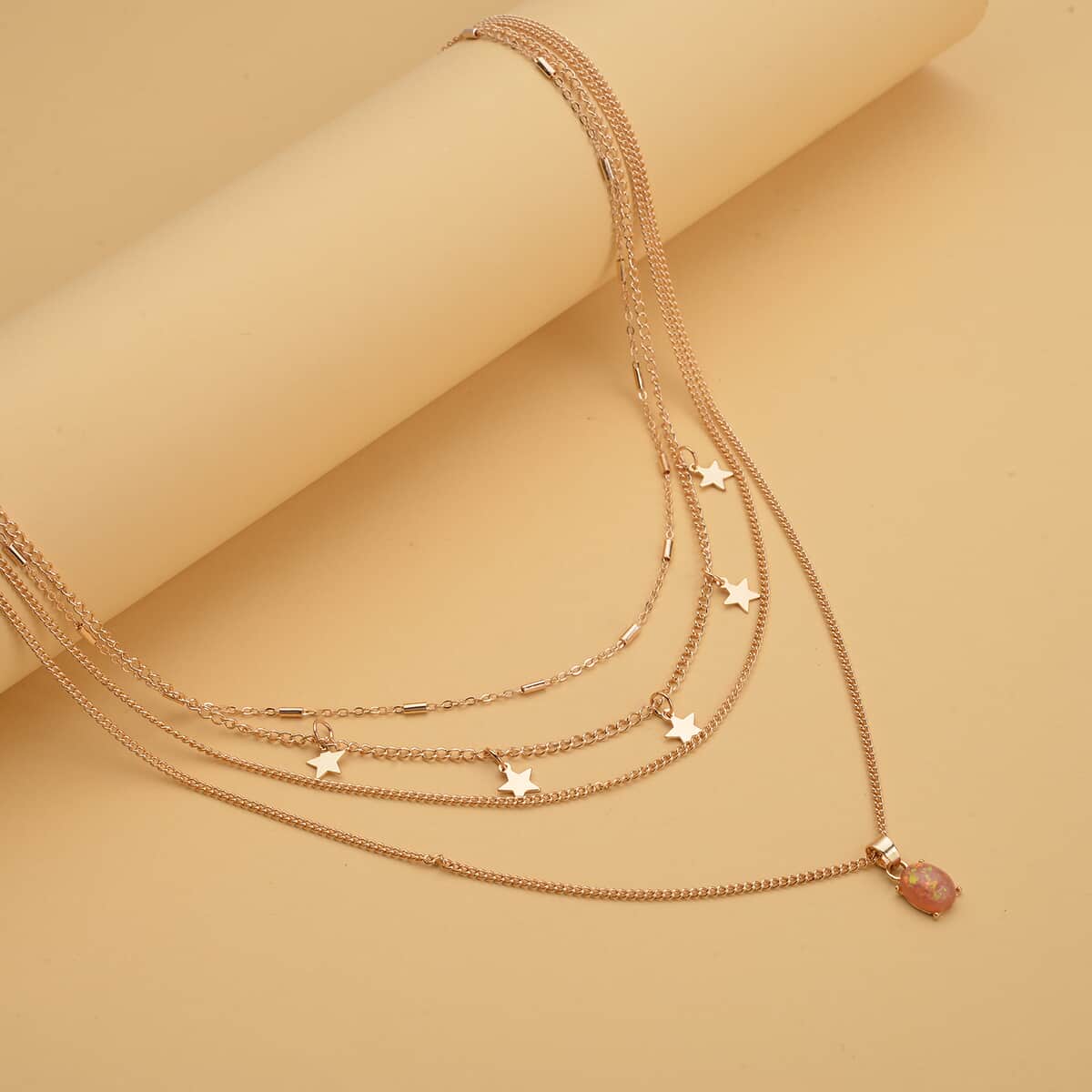 Lab Created Orange Opal Layered Link Chain Necklace 18.5-20.5 Inches with Star Charms in Goldtone image number 1