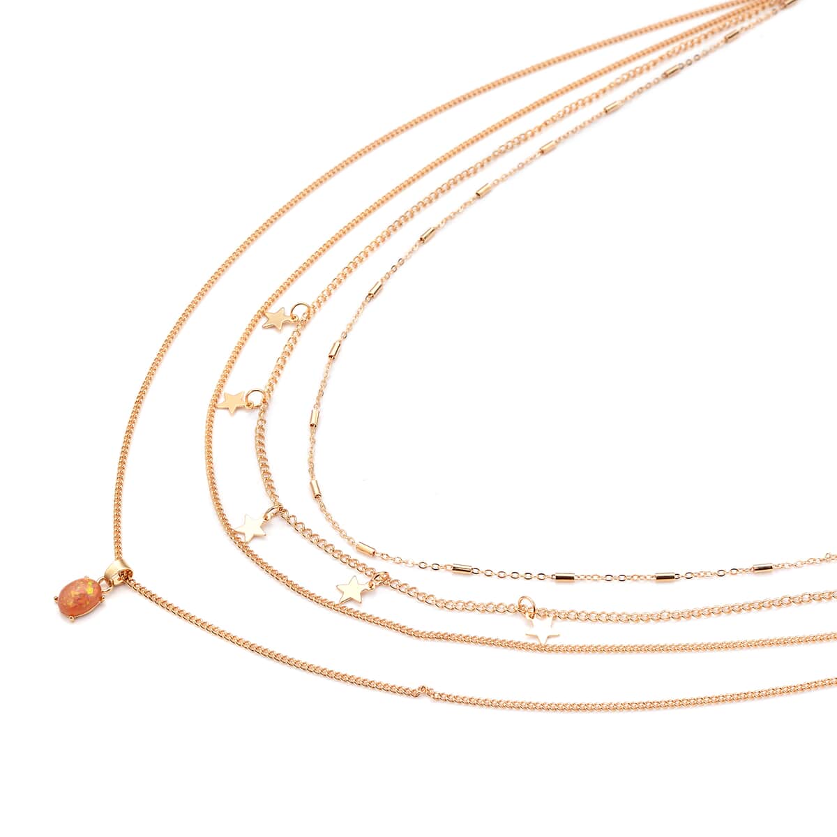 Lab Created Orange Opal Layered Link Chain Necklace 18.5-20.5 Inches with Star Charms in Goldtone image number 2