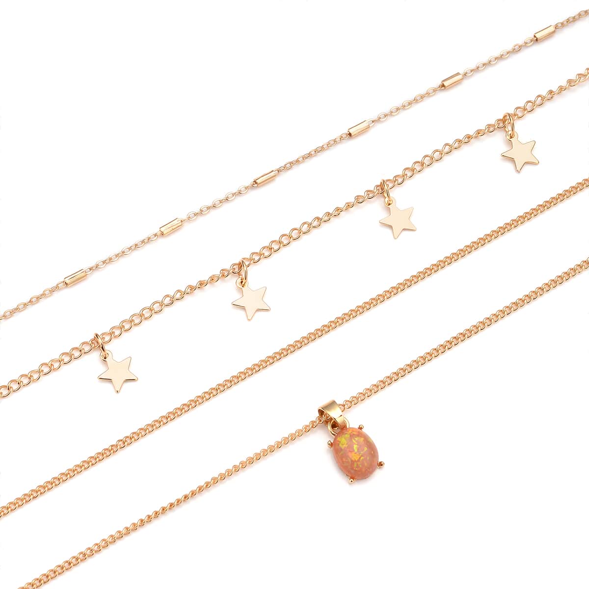 Lab Created Orange Opal Layered Link Chain Necklace 18.5-20.5 Inches with Star Charms in Goldtone image number 3