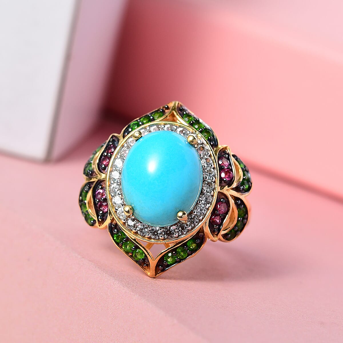 American Natural Sleeping Beauty Turquoise and Multi Gemstone Ring in Vermeil Yellow Gold Over Sterling Silver (Size 8.0) 4.90 ctw image number 1
