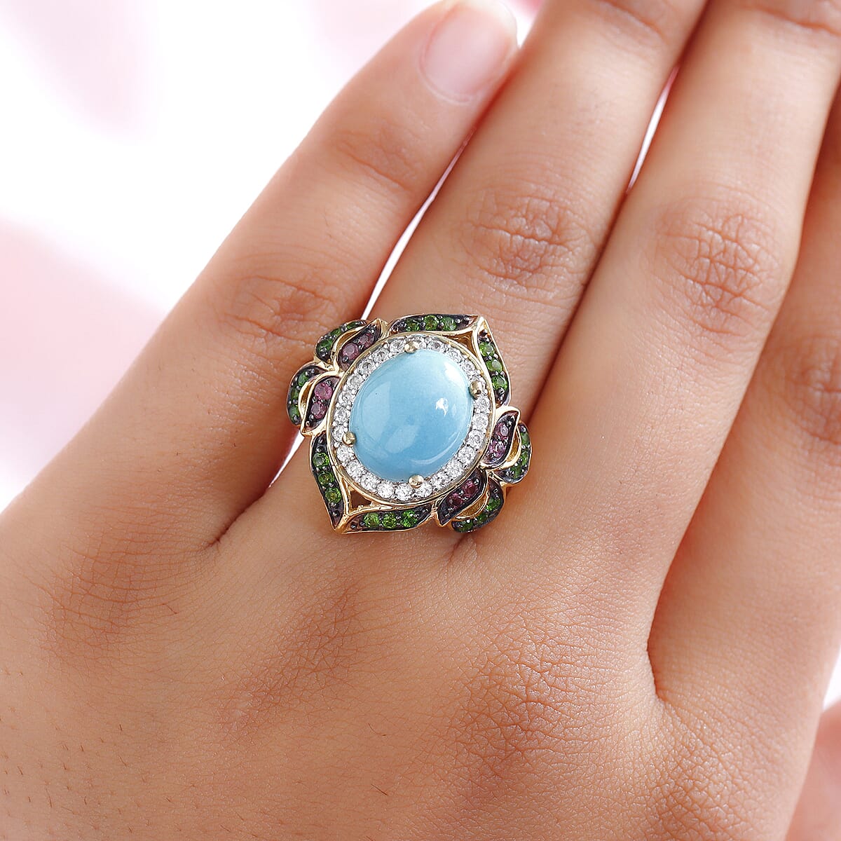 American Natural Sleeping Beauty Turquoise and Multi Gemstone Ring in Vermeil Yellow Gold Over Sterling Silver (Size 8.0) 4.90 ctw image number 2