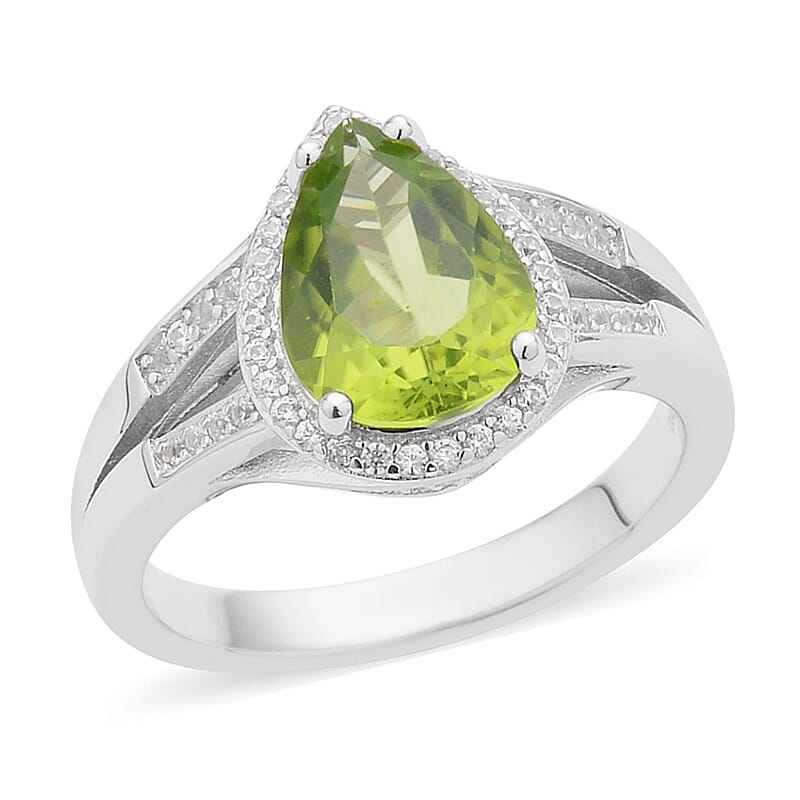 Premium Peridot and White Zircon Split Shank Ring in Rhodium Over Sterling Silver (Size 9.0) 3.10 ctw