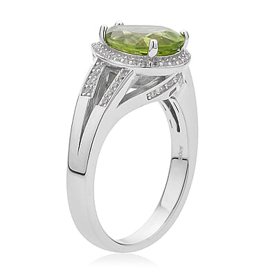 Premium Peridot and White Zircon Split Shank Ring in Rhodium Over Sterling Silver (Size 9.0) 3.10 ctw