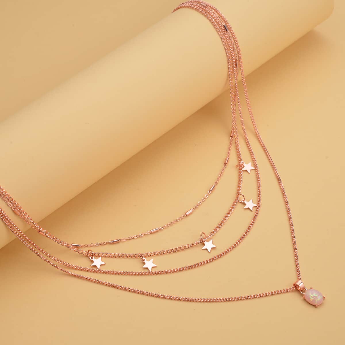 Lab Created Pink Opal Layered Link Chain Necklace 18.5-20.5 Inches with Star Charms in Rosetone image number 1