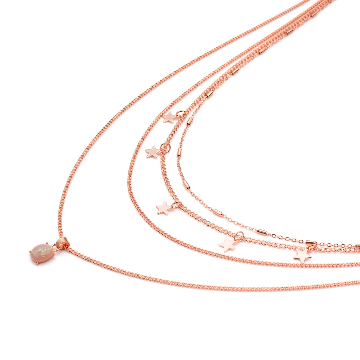 Lab Created Pink Opal Layered Link Chain Necklace 18.5-20.5 Inches with Star Charms in Rosetone image number 2